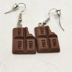 Chocolate Bar Earrings Milk Chocolate Bite Mark Resin Hook Dangle